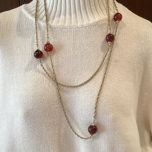 Gold-Tone Single Strand Necklace with Red Beads